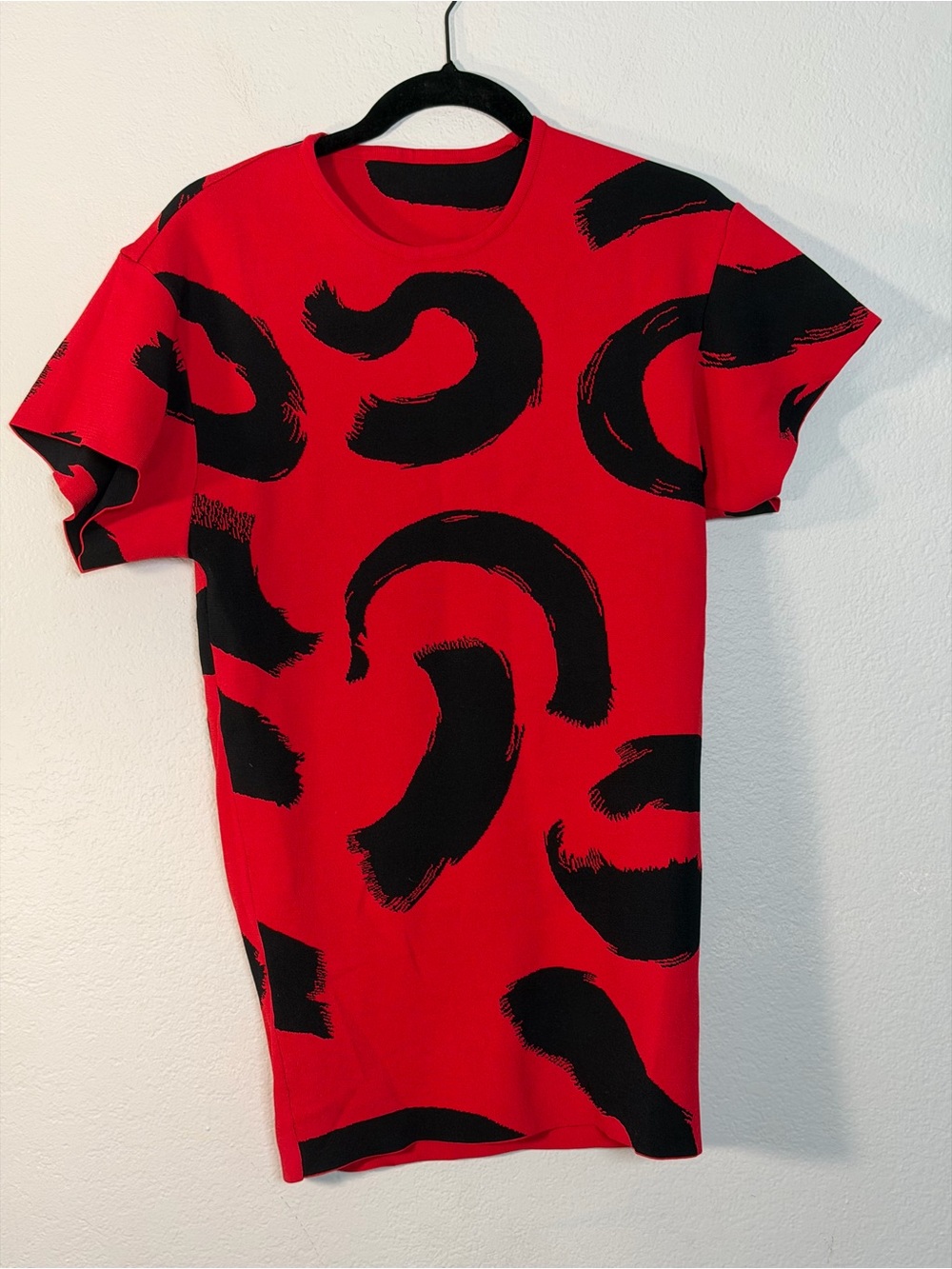 Bold Red Mini Dress or tonic top with Black Abstract Brushstroke Print S-M